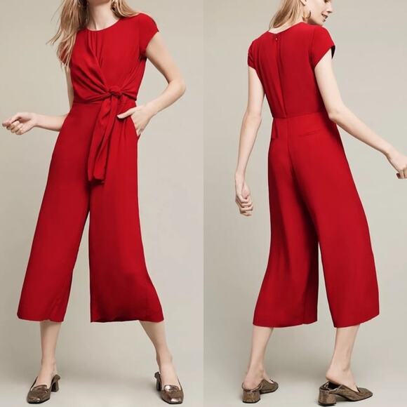 Maeve Anthropologie Grier Jumpsuit Red Crepe Rayon Cap Sleeves Tie Front Size 2P - Picture 2 of 13
